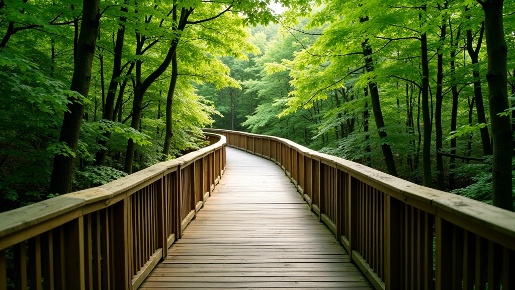 Elevated wooden boardwalk stretching through green hazel woodland canopy, railings visible on both sides