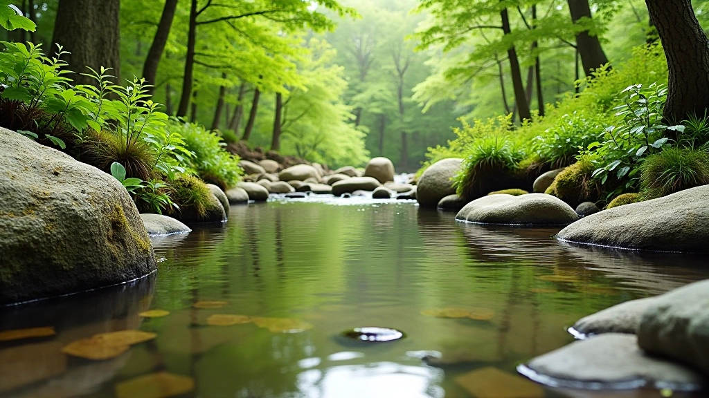 Clear spring water pool surrounded by smooth stones and native plants in natural setting