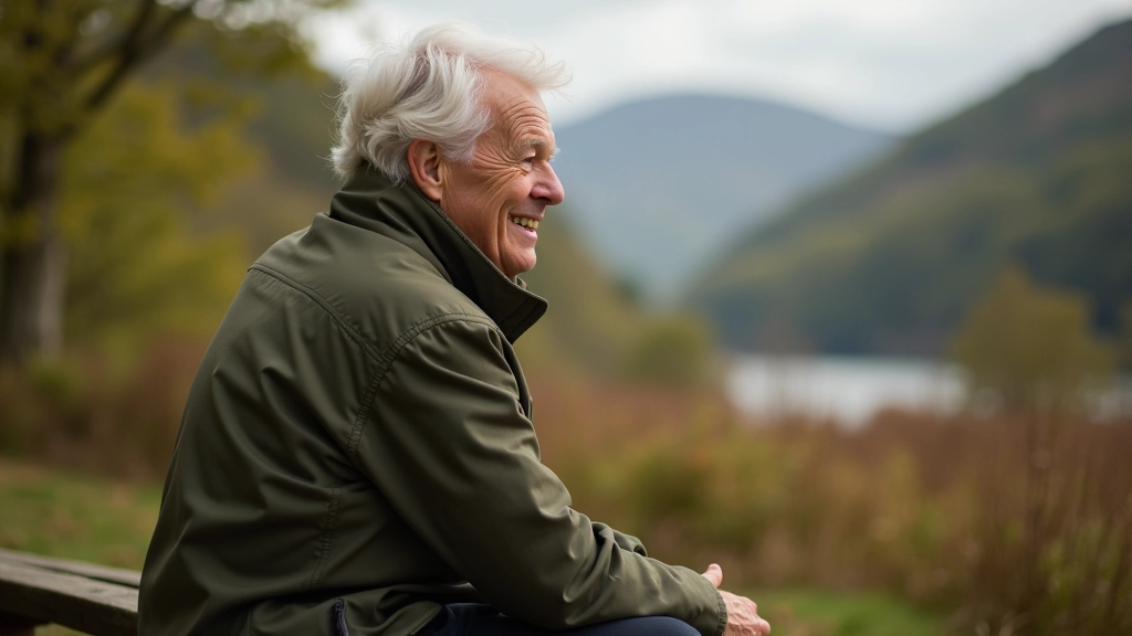 Person aged 65 resting on a woodland bench during walking break