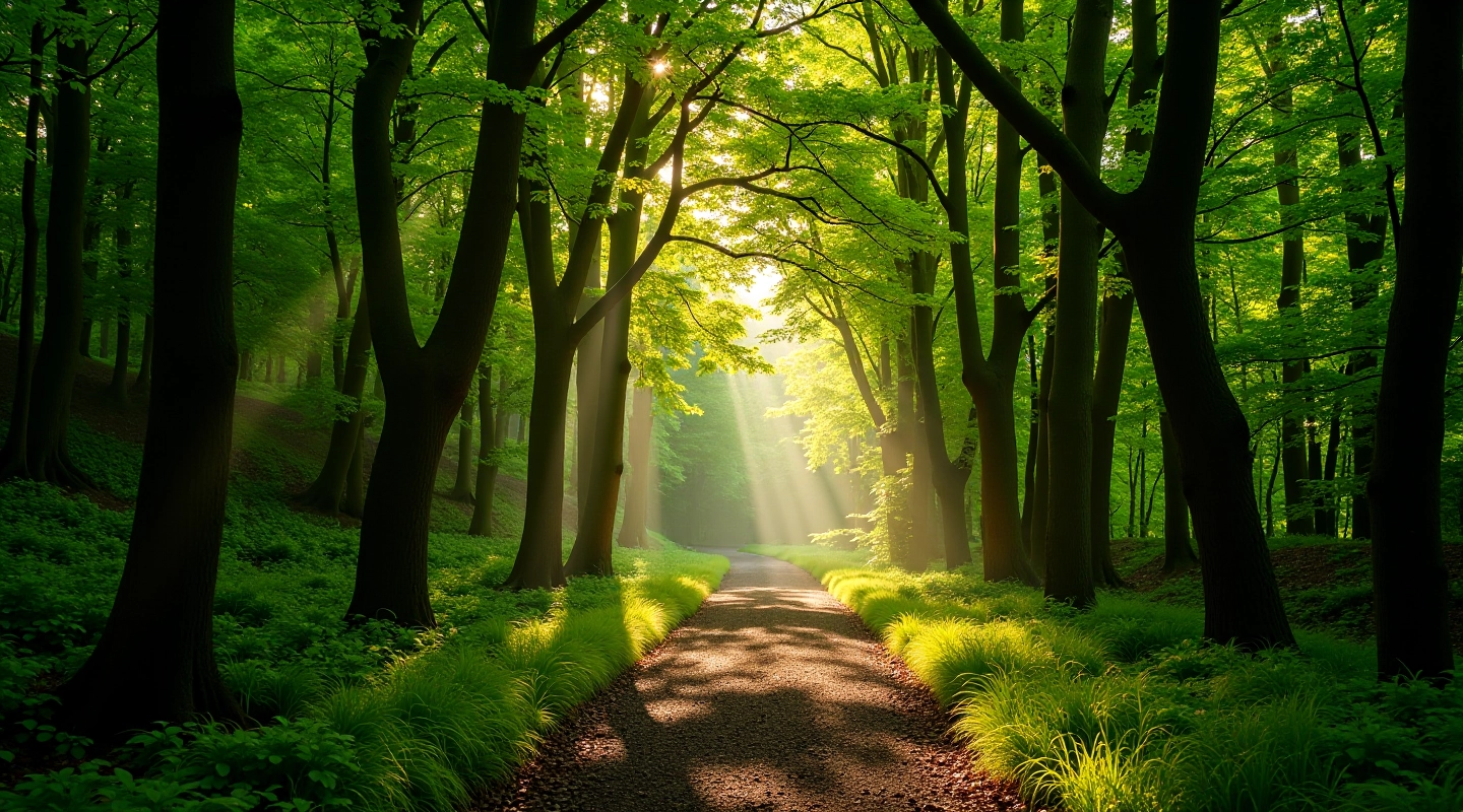 Native hazel woodland landscape with mature trees and natural sunlight filtering through canopy