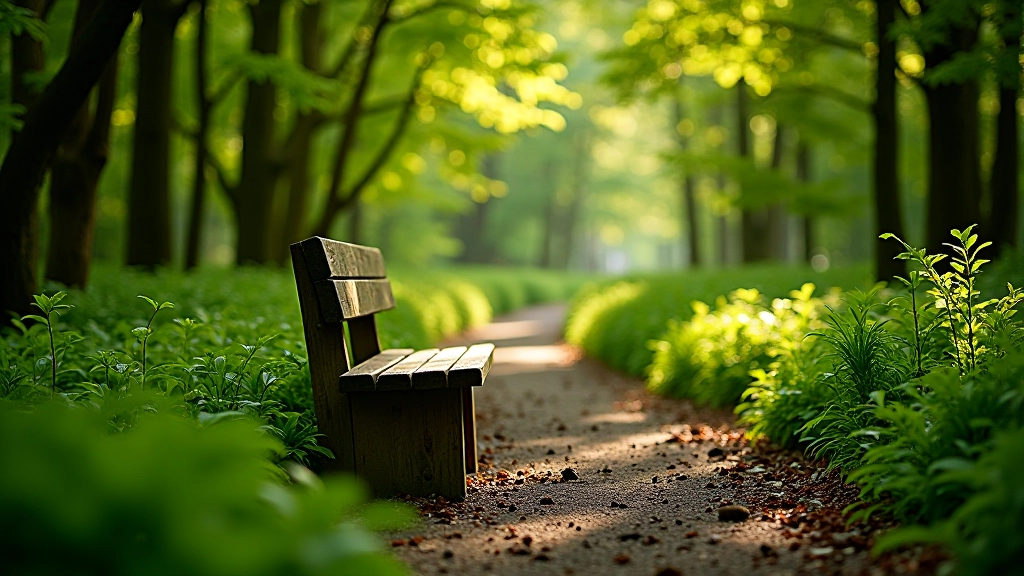 Wooden rest bench positioned in hazel woodland clearing with dappled sunlight and green ferns