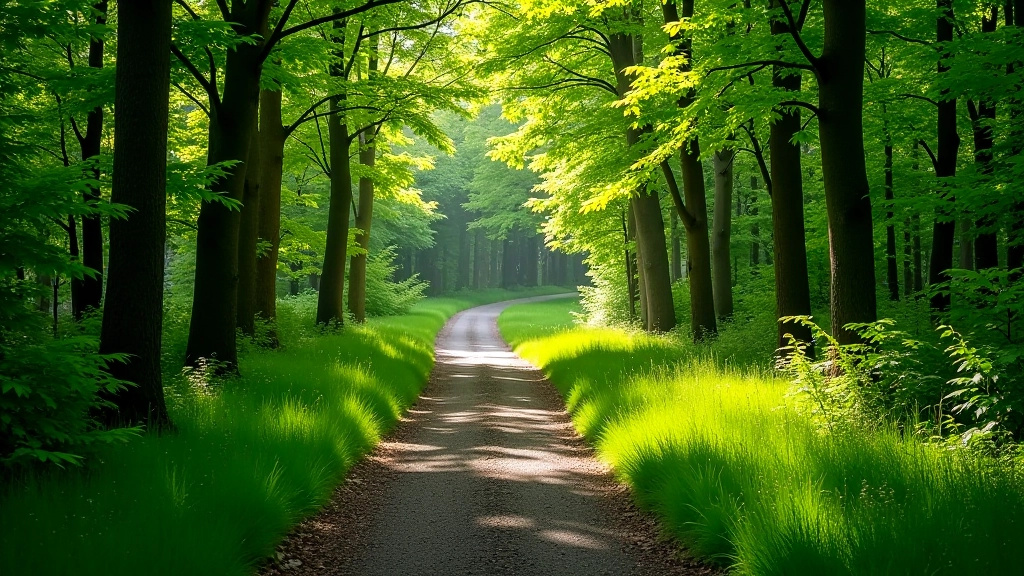Woodland path winding through dense hazel trees with dappled light and green undergrowth